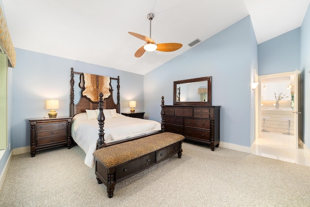 bedroom with light carpet, connected bathroom, high vaulted ceiling, and ceiling fan