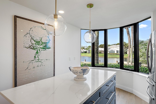 dining area featuring light hardwood / wood-style floors and a water view