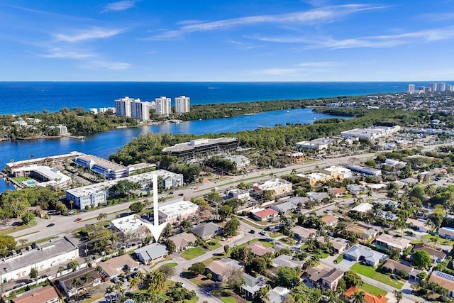 bird's eye view with a water view