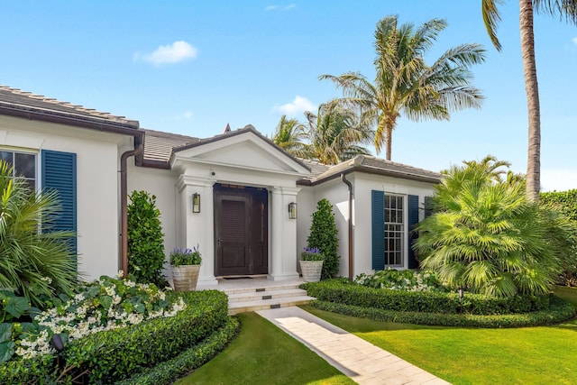 view of exterior entry with a tile roof, a yard, and stucco siding