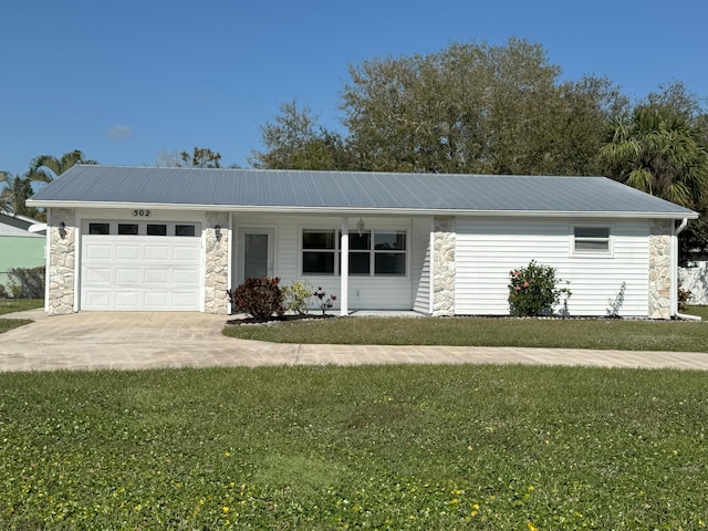 ranch-style home with a garage and a front yard