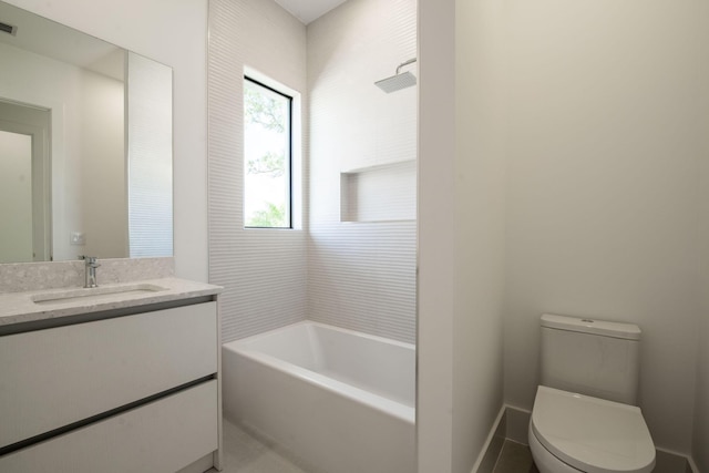 full bathroom with vanity, toilet, and washtub / shower combination