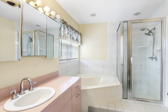 bathroom with vanity and plus walk in shower