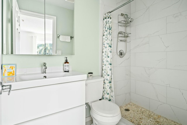 bathroom with vanity, toilet, and a shower with curtain