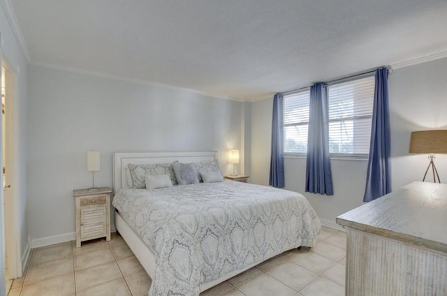 tiled bedroom featuring ornamental molding