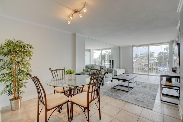 dining space featuring ornamental molding, expansive windows, and light tile patterned flooring