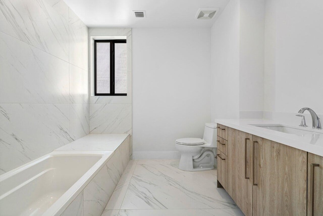 full bath with toilet, marble finish floor, vanity, and visible vents