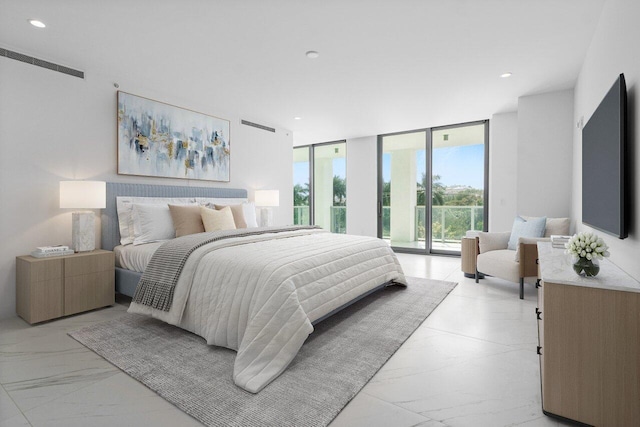 bedroom with access to outside, marble finish floor, floor to ceiling windows, and recessed lighting