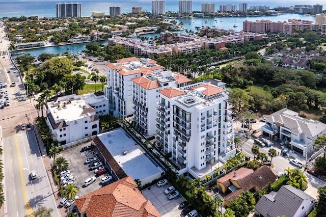 aerial view with a view of city and a water view