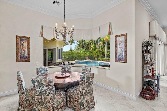 dining room featuring crown molding, light tile patterned floors, and a notable chandelier