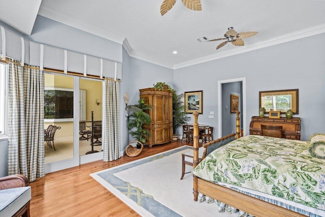 bedroom featuring crown molding, ceiling fan, light hardwood / wood-style flooring, and access to outside