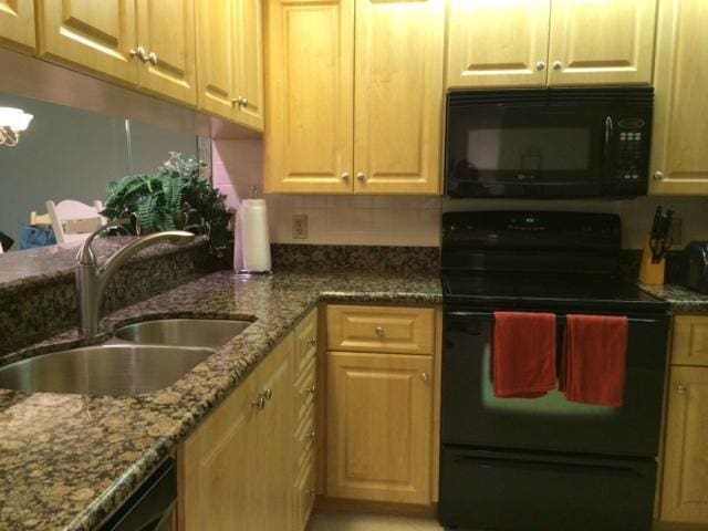 kitchen with sink, decorative backsplash, black appliances, and stone counters