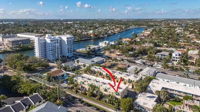 bird's eye view with a water view