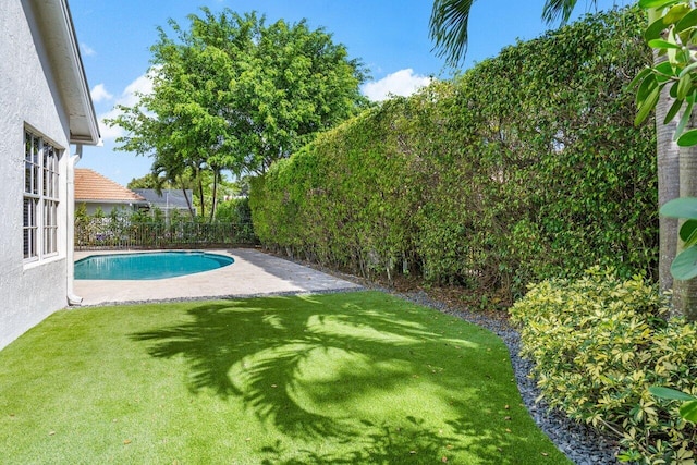 view of swimming pool featuring a fenced in pool, a fenced backyard, and a lawn