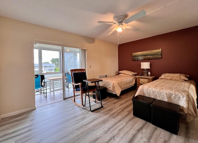 bedroom featuring light wood-type flooring, access to outside, visible vents, and baseboards