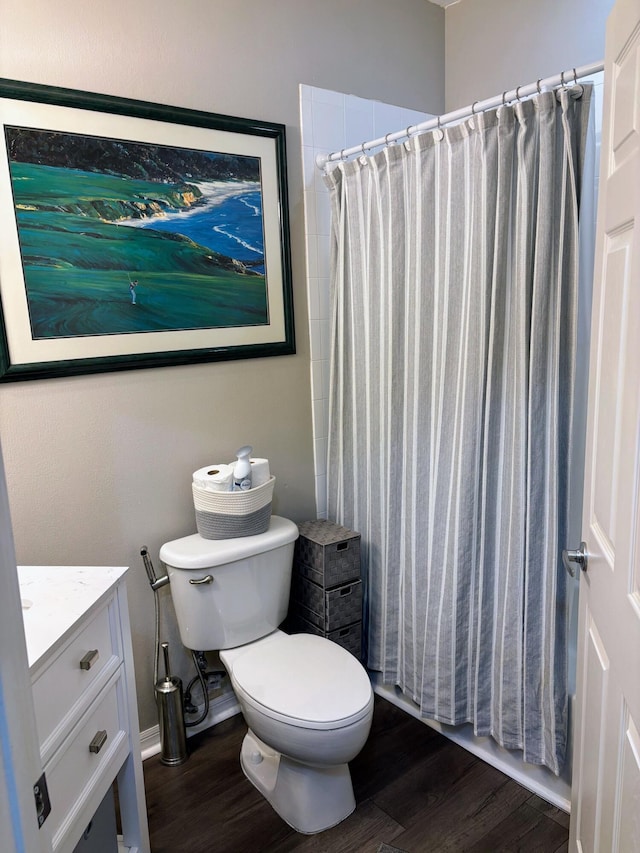 bathroom featuring wood-type flooring, toilet, a shower with shower curtain, and vanity