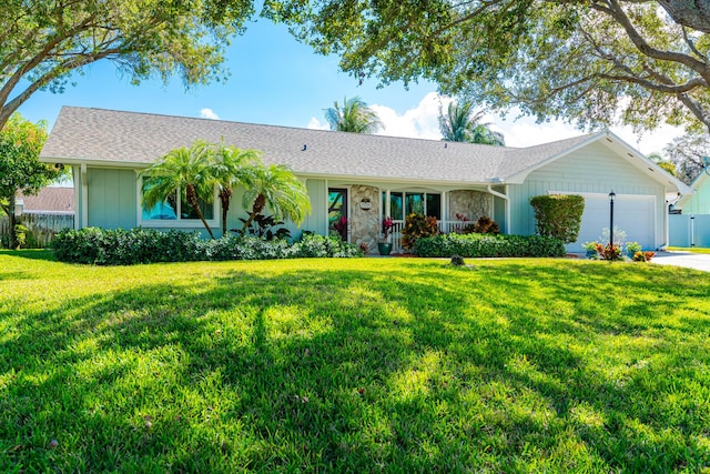 ranch-style home with a garage and a front yard