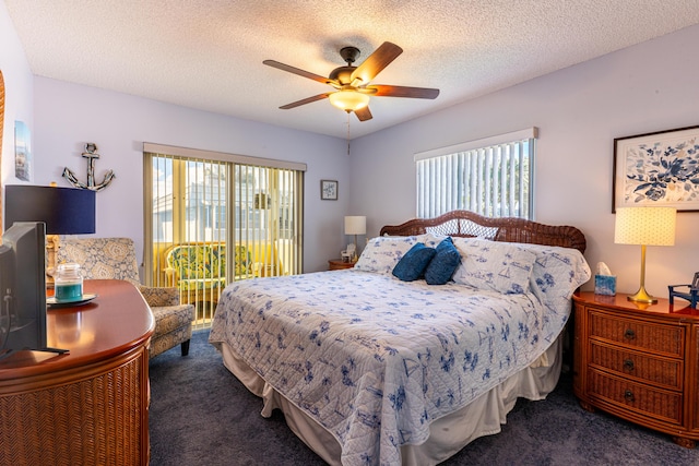 carpeted bedroom with ceiling fan, access to outside, and a textured ceiling