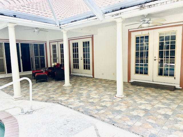 view of patio / terrace featuring outdoor lounge area, french doors, and ceiling fan