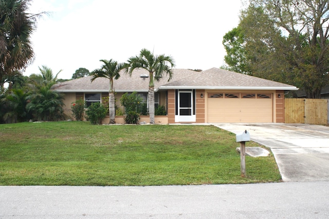 single story home featuring a front yard and a garage