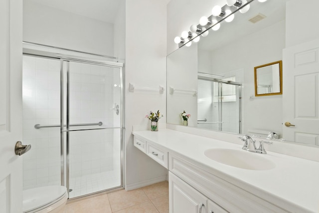 bathroom featuring tile patterned flooring, vanity, a shower with door, and toilet