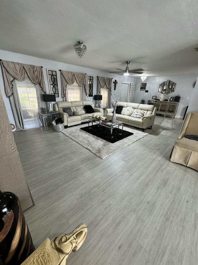 living room with ceiling fan and wood-type flooring