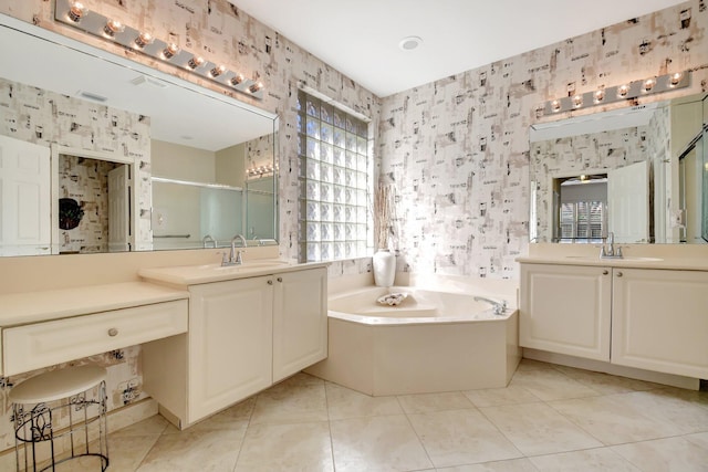 bathroom featuring vanity, tile patterned floors, and independent shower and bath