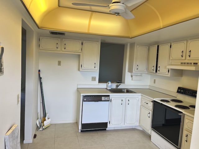 kitchen with ceiling fan, white appliances, sink, and light tile patterned floors