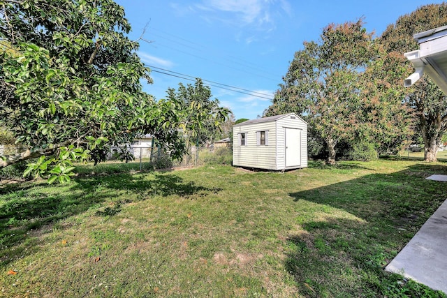 view of yard featuring a storage shed