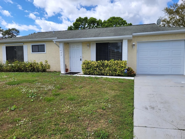 ranch-style home with an attached garage, driveway, a front yard, and stucco siding