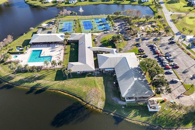 drone / aerial view with a water view