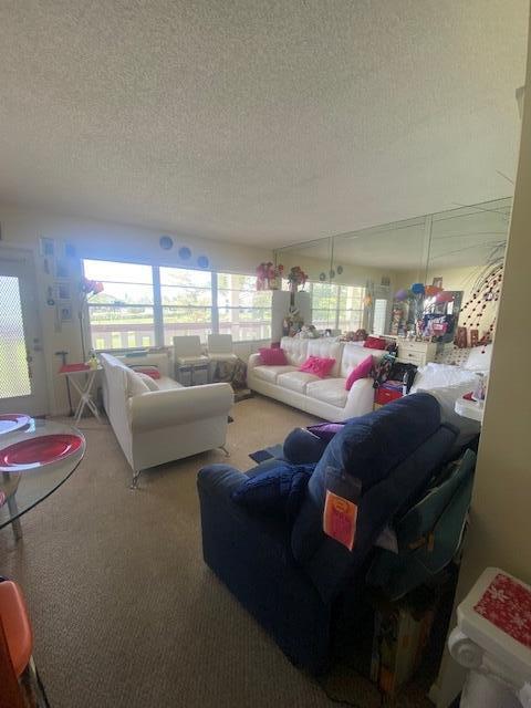 living room with plenty of natural light, a textured ceiling, and carpet flooring