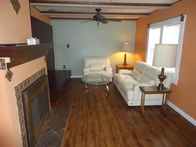 living area featuring baseboards, dark wood finished floors, beam ceiling, and a tile fireplace