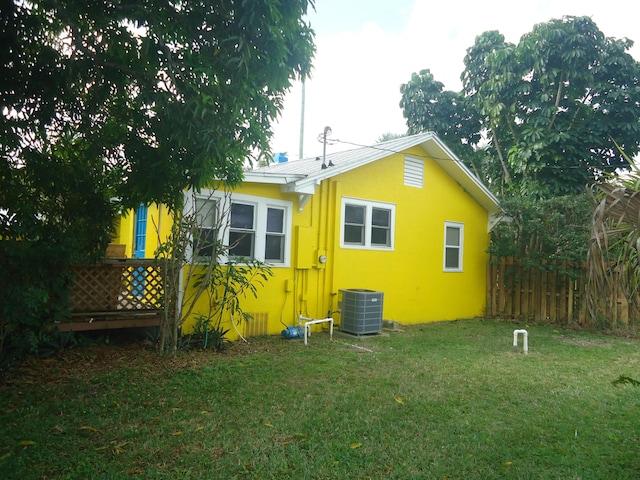 back of house with central AC, a yard, fence, and stucco siding