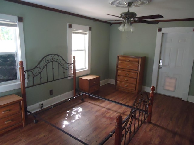 bedroom featuring multiple windows, baseboards, and dark wood-type flooring