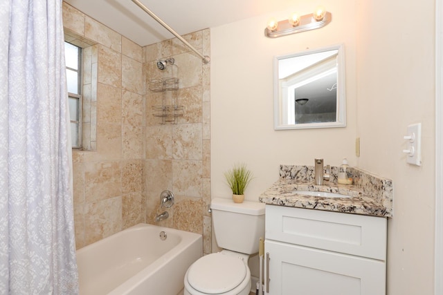 full bathroom with vanity, shower / bathtub combination with curtain, and toilet