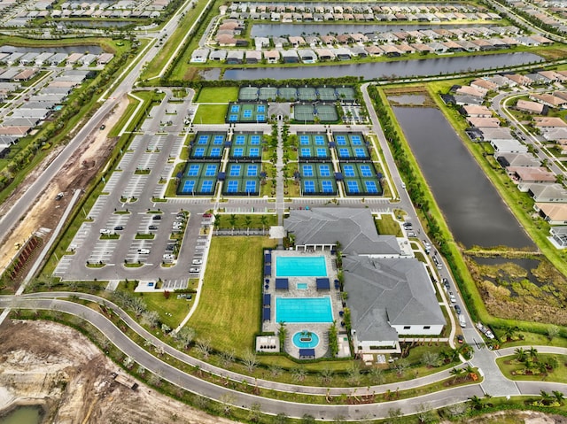 aerial view featuring a water view