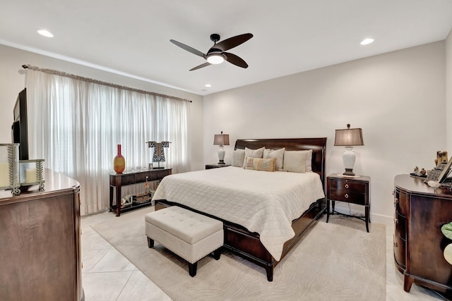 bedroom featuring recessed lighting, ceiling fan, and light tile patterned floors