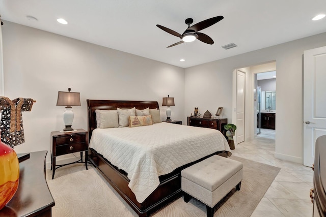 bedroom featuring ensuite bath, ceiling fan, visible vents, and recessed lighting