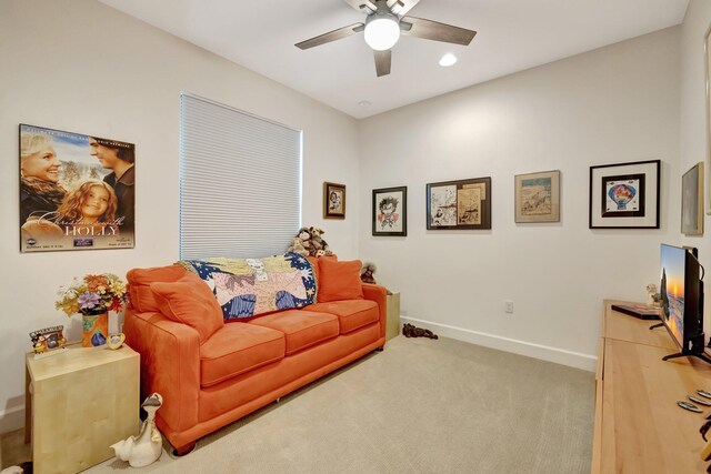 11877 SW Waterford Isle Way, Port Saint Lucie, FL 34987 - living room featuring carpet floors, baseboards, ceiling fan, and recessed lighting