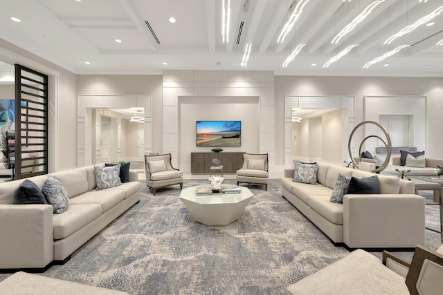 living area with coffered ceiling and recessed lighting