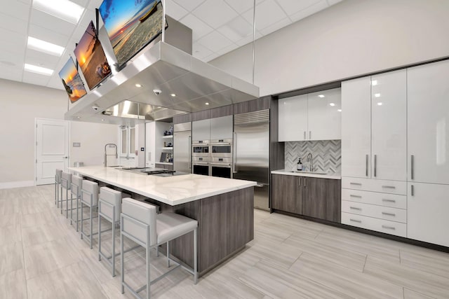 kitchen with stainless steel appliances, ventilation hood, modern cabinets, and backsplash