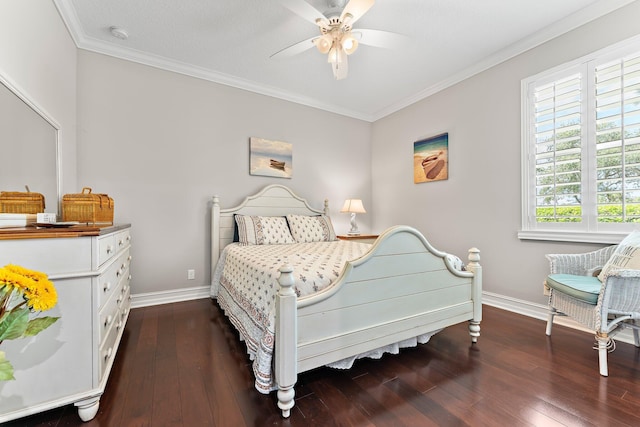 bedroom featuring hardwood / wood-style flooring, ornamental molding, and ceiling fan