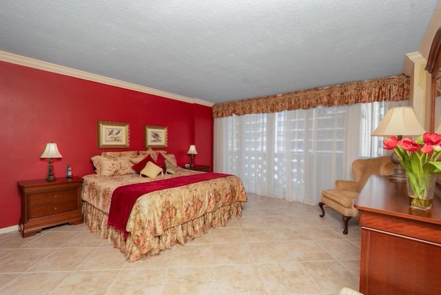 bedroom with a textured ceiling, ornamental molding, and light tile patterned flooring