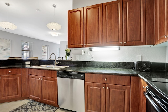 kitchen with sink, hanging light fixtures, light tile patterned floors, stainless steel dishwasher, and dark stone counters