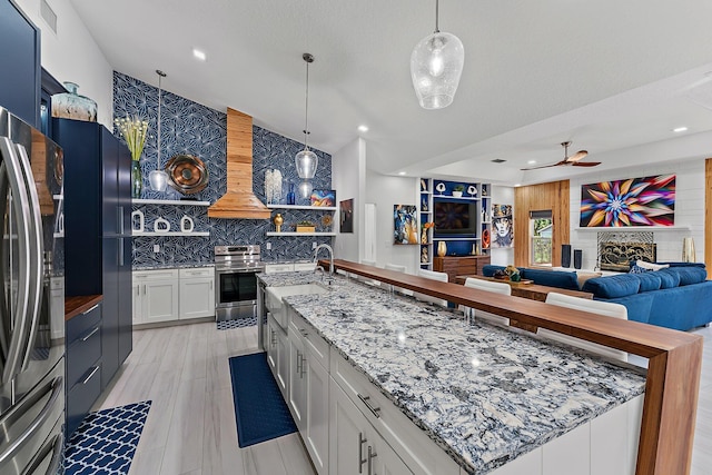 kitchen with sink, white cabinets, decorative backsplash, custom exhaust hood, and stainless steel appliances