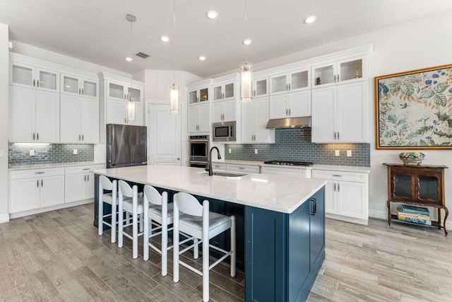 kitchen with light wood-style flooring, under cabinet range hood, a sink, stainless steel appliances, and a large island with sink