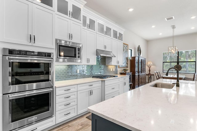 kitchen featuring visible vents, a sink, decorative backsplash, stainless steel appliances, and under cabinet range hood