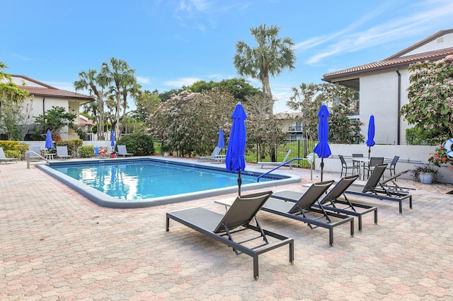 view of swimming pool with a patio area