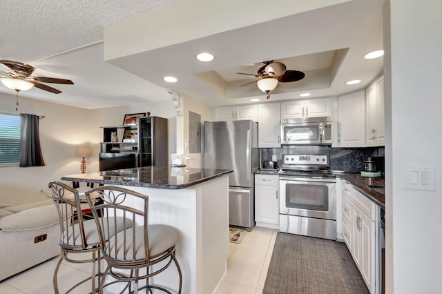 kitchen with tasteful backsplash, a breakfast bar area, a tray ceiling, stainless steel appliances, and white cabinetry